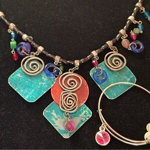 Alex & Ani pink gemstone adjustable bracelet & vintage handmade necklace set